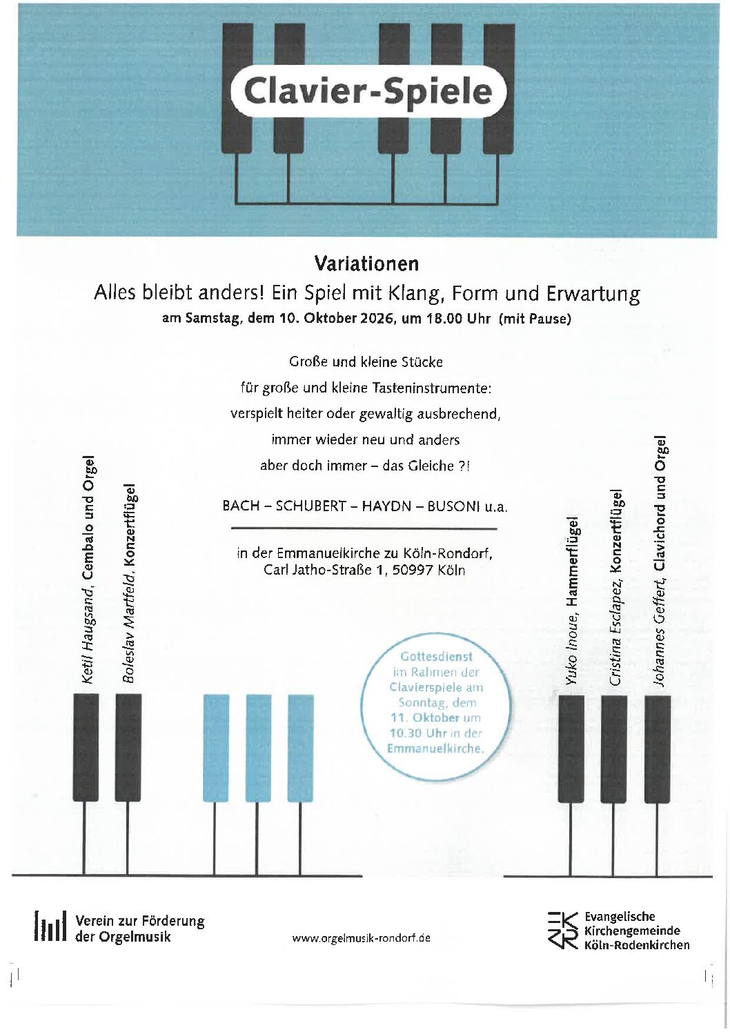Clavier-Spiele am Samstag, den 10. Oktober 2026, in der Emmanuelkirche in Rondorf