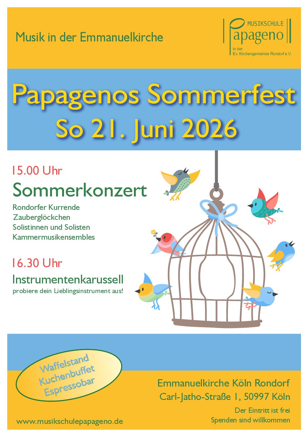 Herzliche Einladung zu Papagenos Sommerkonzert am 21. Juni 2026 in Rondorf!